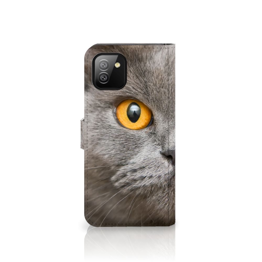 Telefoonhoesje met Pasjes Samsung Galaxy A03 Britse Korthaar met afbeelding van kattenoog.