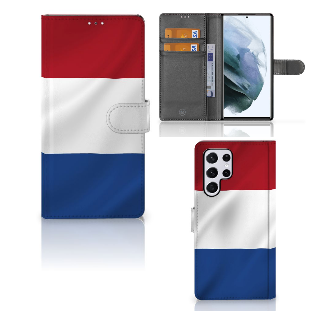 Samsung Galaxy S22 Ultra Bookstyle Case Nederlandse Vlag met pasjes en artistiek design.