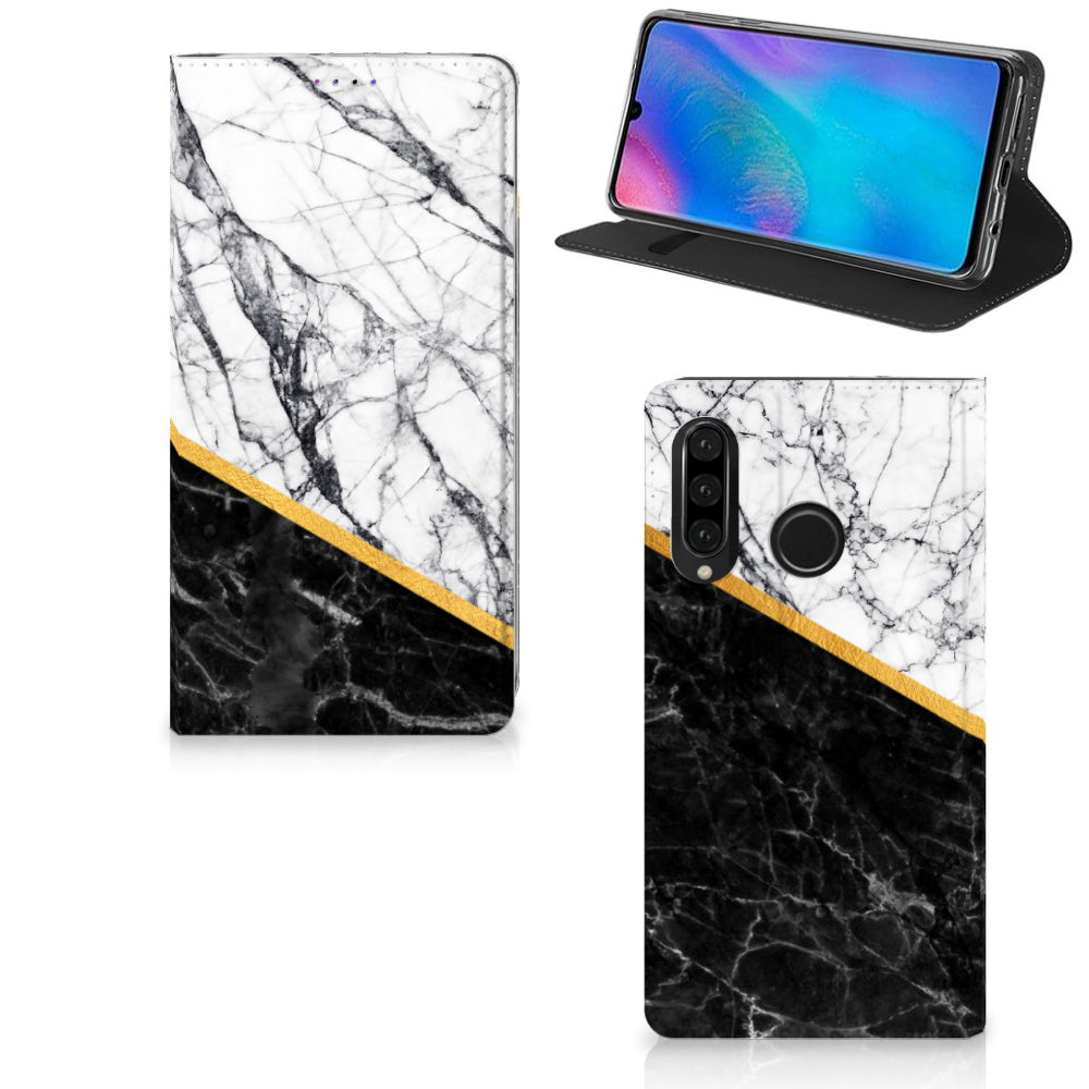 Huawei P30 Lite New Edition Standcase Marmer Wit Zwart - Origineel Cadeau Man