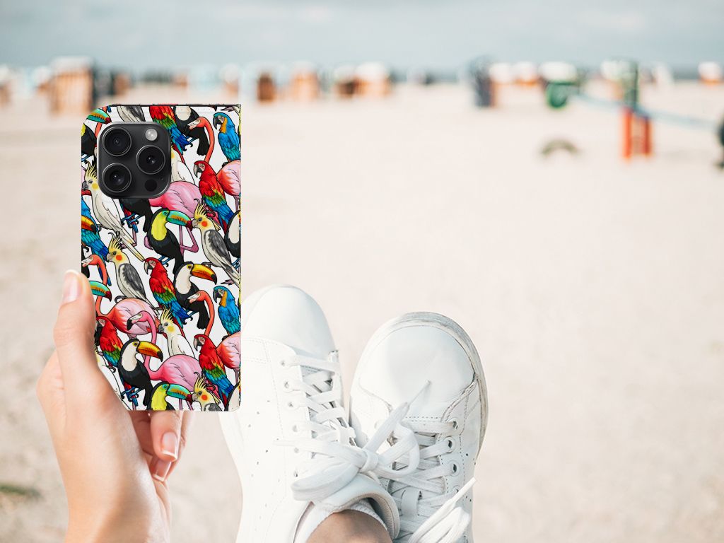 iPhone 15 Pro Hoesje maken Birds met kleurrijke vogels en een witte achtergrond op het strand 🌴