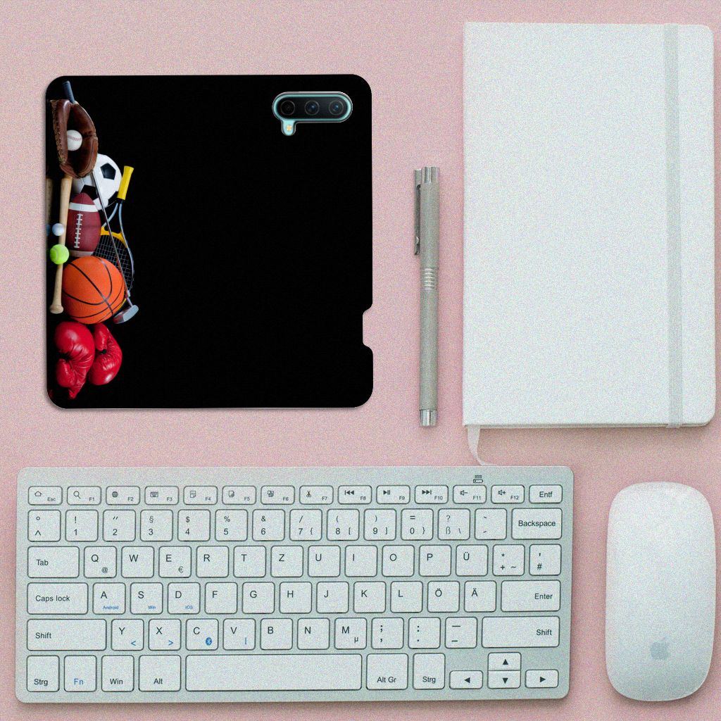 OnePlus Nord CE 5G Hippe Standcase Sports design with various sports equipment on a desk.