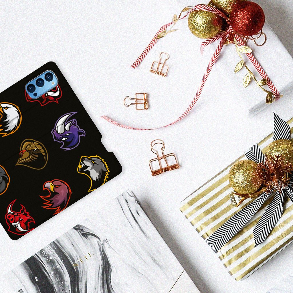 OPPO Reno4 Pro 5G Magnet Case Cartoon met kleurrijke cartoon logo's op een zwart achtergrond.