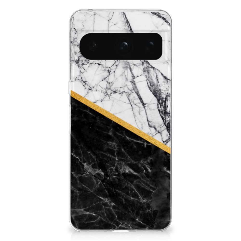 Google Pixel 8 Pro TPU Siliconen Hoesje Marmer Wit Zwart - Origineel Cadeau Man