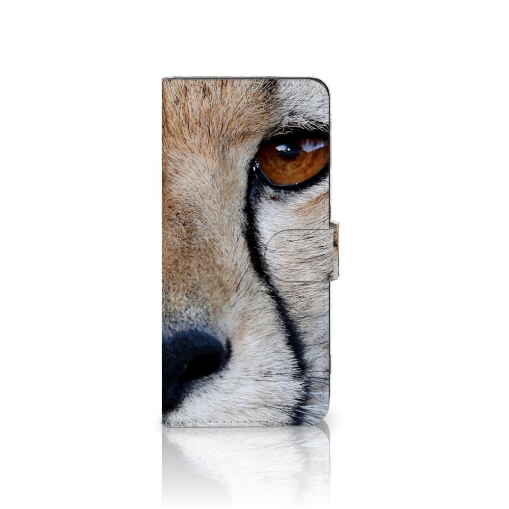 OPPO Find X6 Pro Telefoonhoesje met Pasjes Cheetah, close-up van een cheeta gezicht op telefoonhoesje.