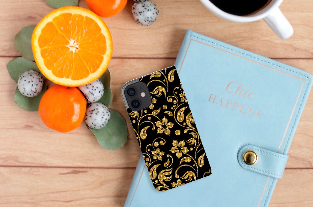 iPhone 12 Mini Smart Cover Gouden Bloemen - B2C Telecom