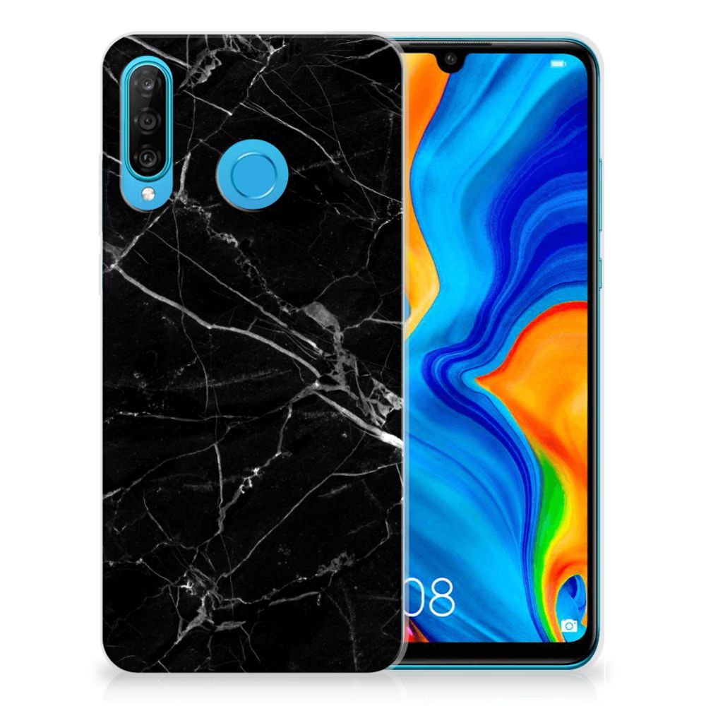 Huawei P30 Lite TPU Siliconen Hoesje Marmer Zwart - Origineel Cadeau Vader