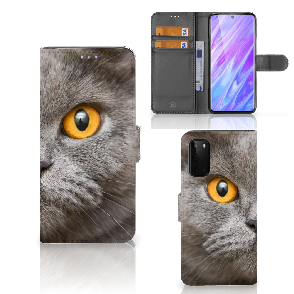 Telefoonhoesje met Pasjes Samsung Galaxy S20 Britse Korthaar met afbeelding van een Britse korthaar kat met gele ogen.