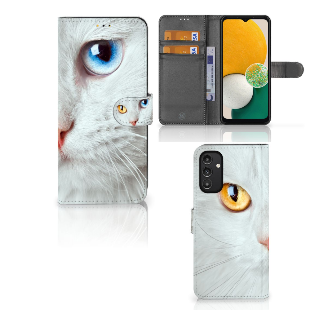 Samsung Galaxy A14 5G Telefoonhoesje met Pasjes Witte Kat met unieke ogen en design.