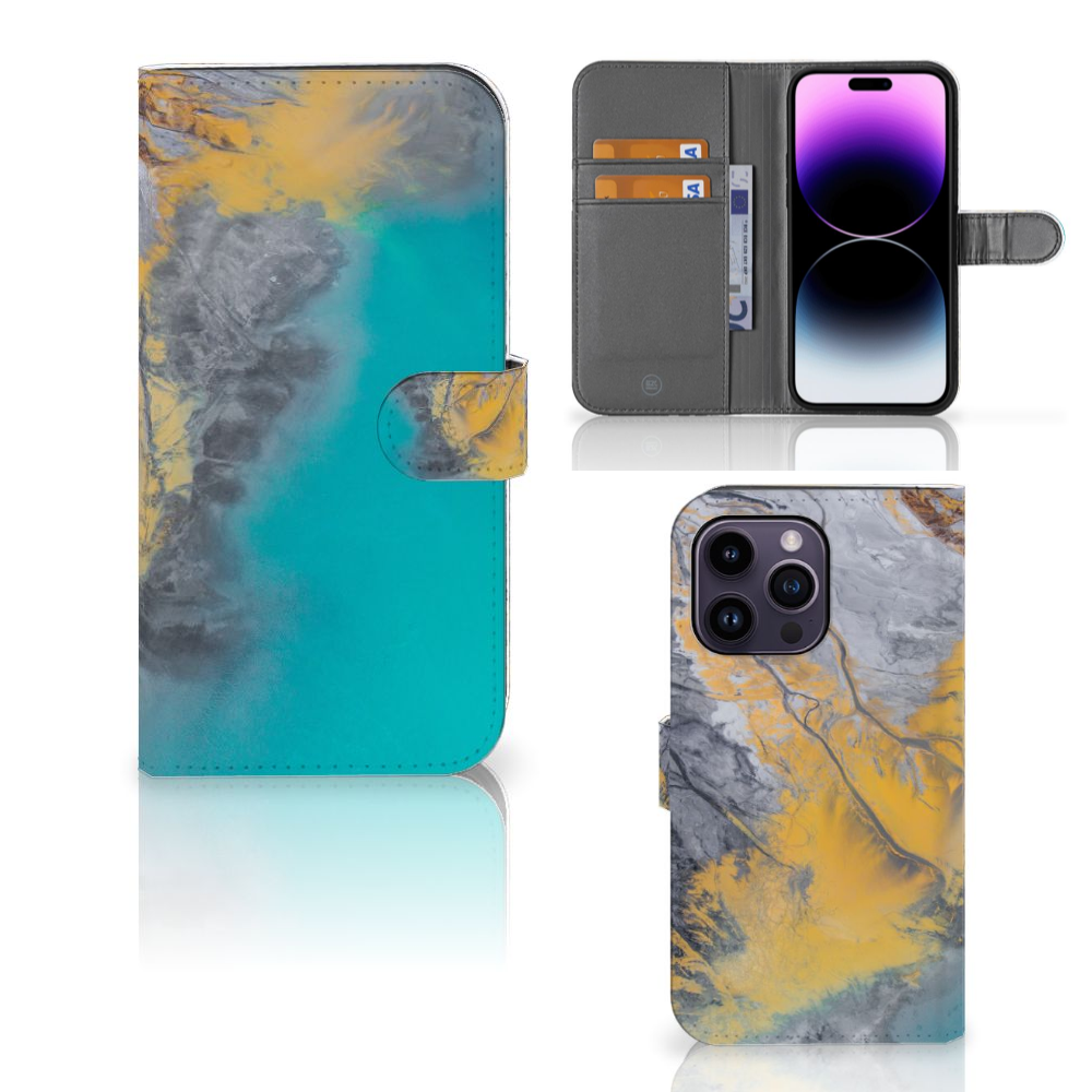 iPhone 15 Pro Max Bookcase Marble Blue Gold met kleurrijk marmerdesign en ruimte voor kaarten.