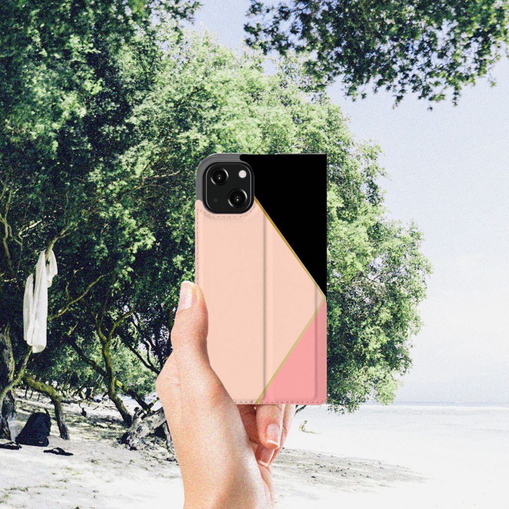 iPhone 13 Stand Case Zwart Roze Vormen