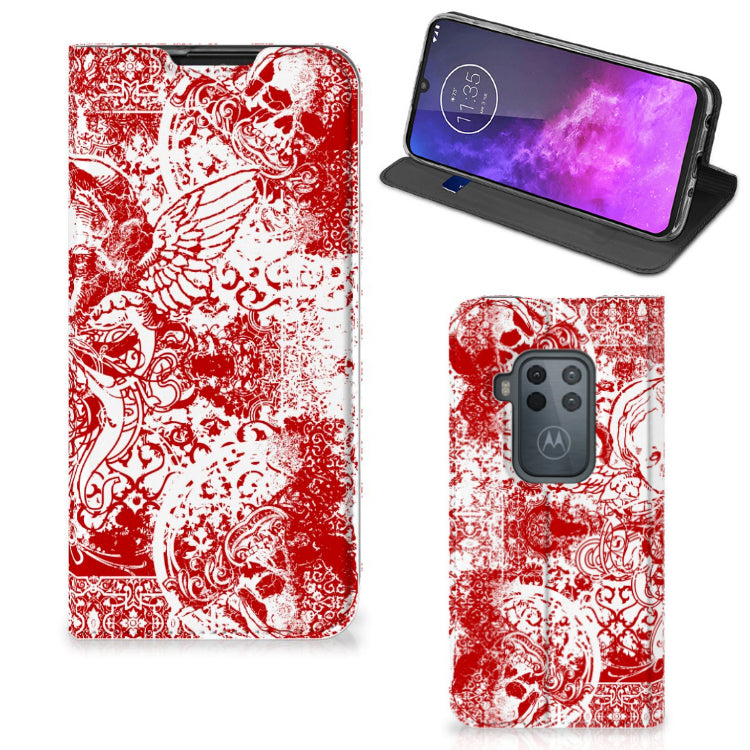 Mobiel BookCase Motorola One Zoom Angel Skull Rood