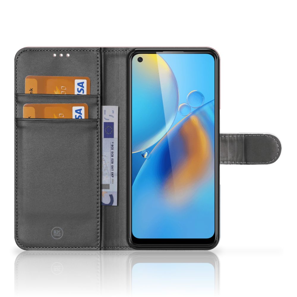 OPPO A74 4G Bookstyle Case Nederlandse Vlag open with cards slots and smartphone displayed