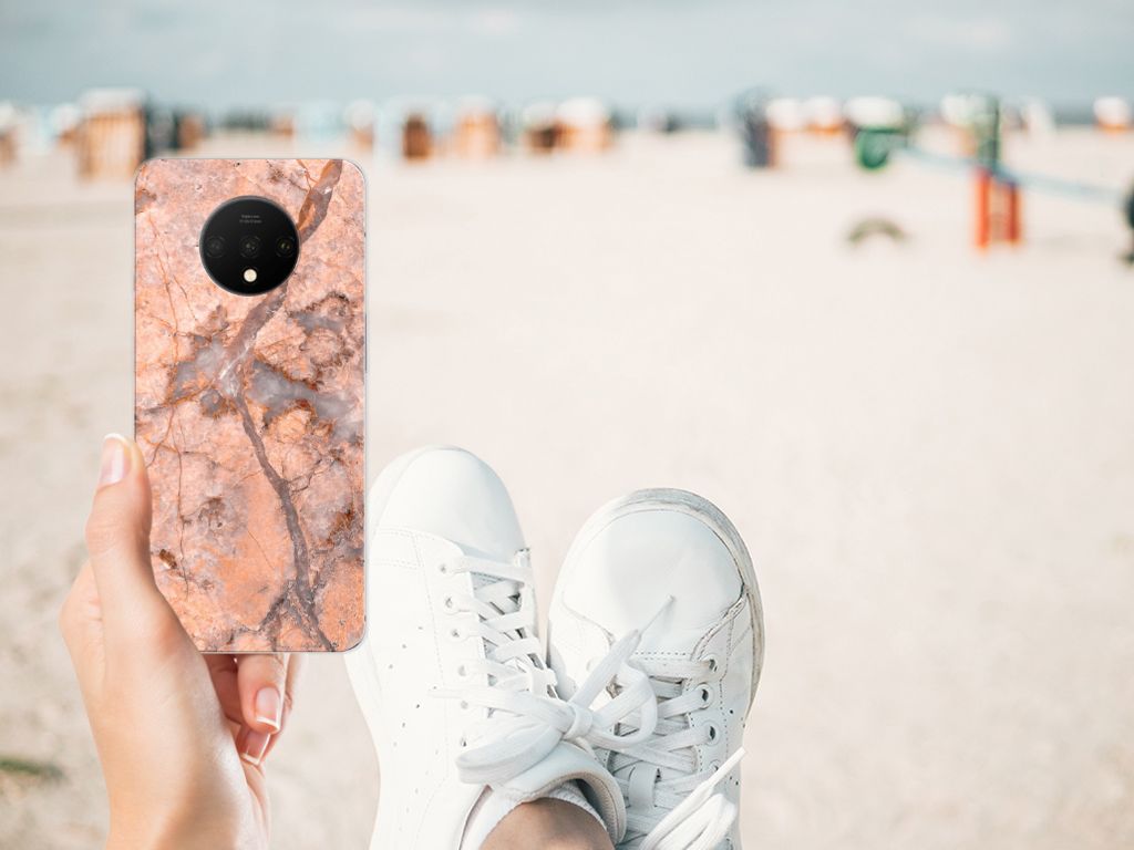 OnePlus 7T TPU Siliconen Hoesje Marmer Oranje