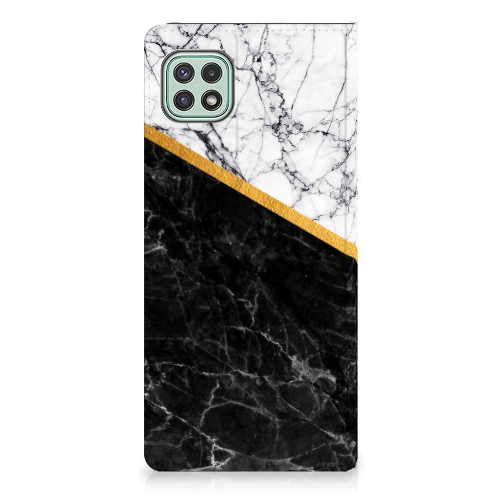 Samsung Galaxy A22 5G Standcase Marmer Wit Zwart - Origineel Cadeau Man - B2C Telecom