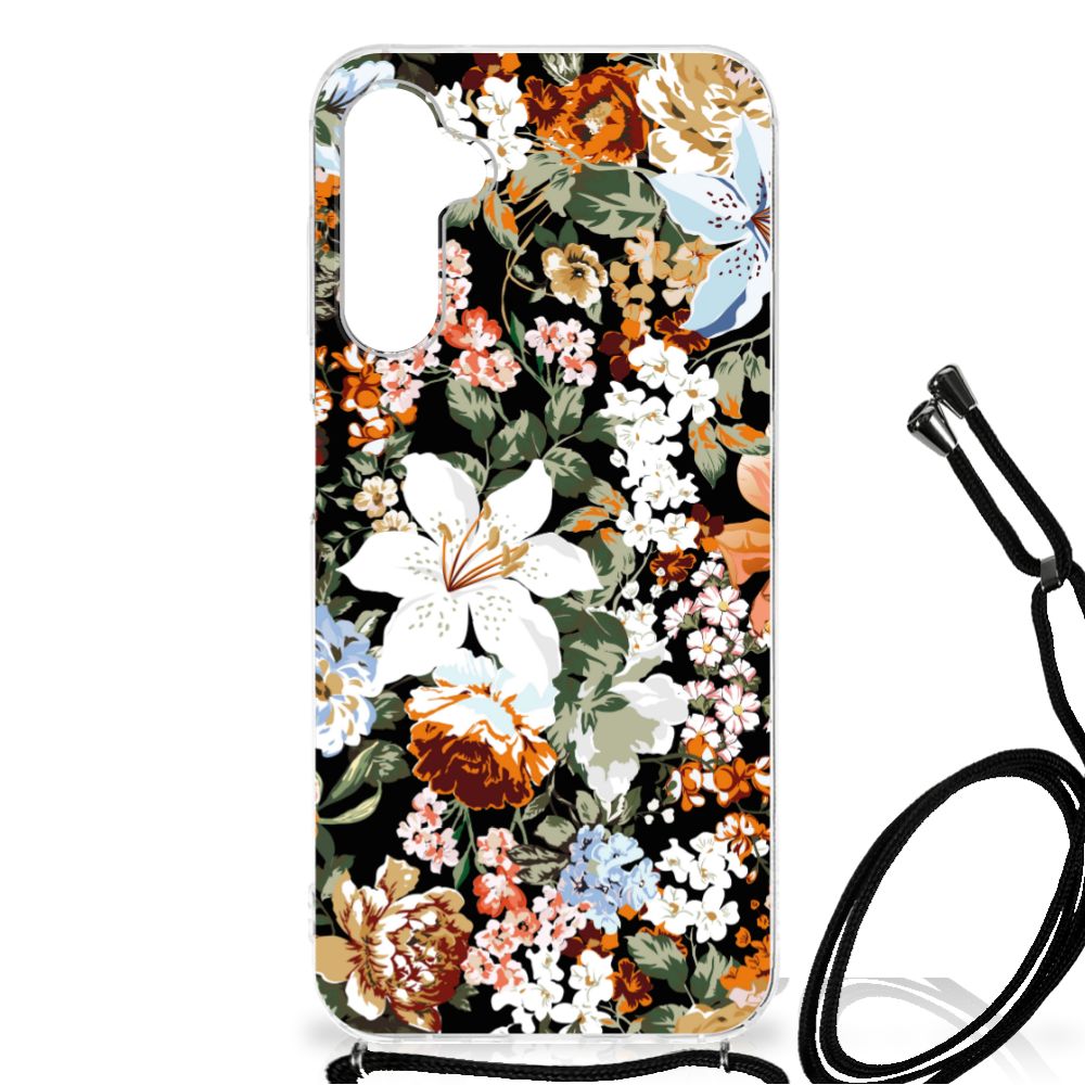 Case voor Samsung Galaxy A14 5G Dark Flowers met kleurrijke bloemen op een zwarte achtergrond.