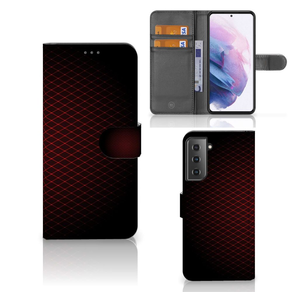 Samsung Galaxy S21 Plus Telefoon Hoesje Geruit Rood met ruimte voor 3 pasjes, minimalistisch design.