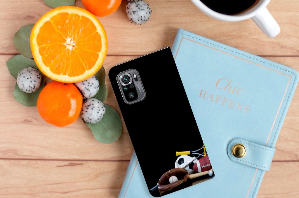 Xiaomi Redmi Note 10 4G | 10S | Poco M5s Hippe Standcase Sports displayed with sports items and fruits.