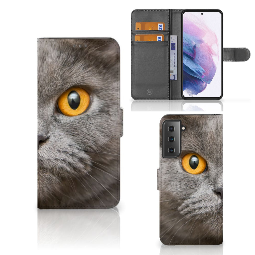 Telefoonhoesje met Pasjes Samsung Galaxy S21 Plus Britse Korthaar met close-up van kattengezicht