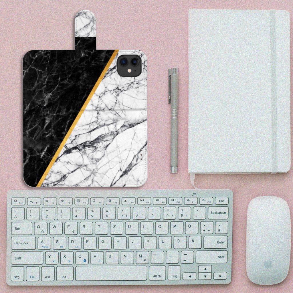 Apple iPhone 11 Bookcase Marmer Wit Zwart - Origineel Cadeau Man