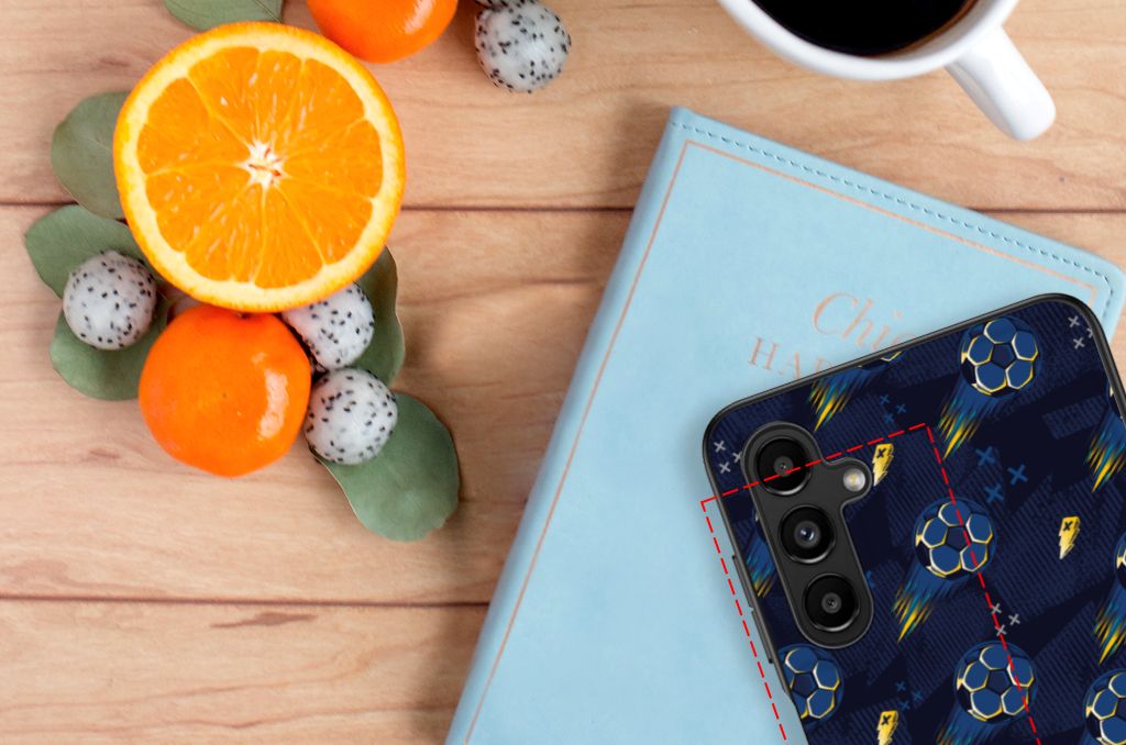 Back Case voor Samsung Galaxy A14 5G Voetbal met voetbalpatroon op houten tafel met fruit en een notitieboek.