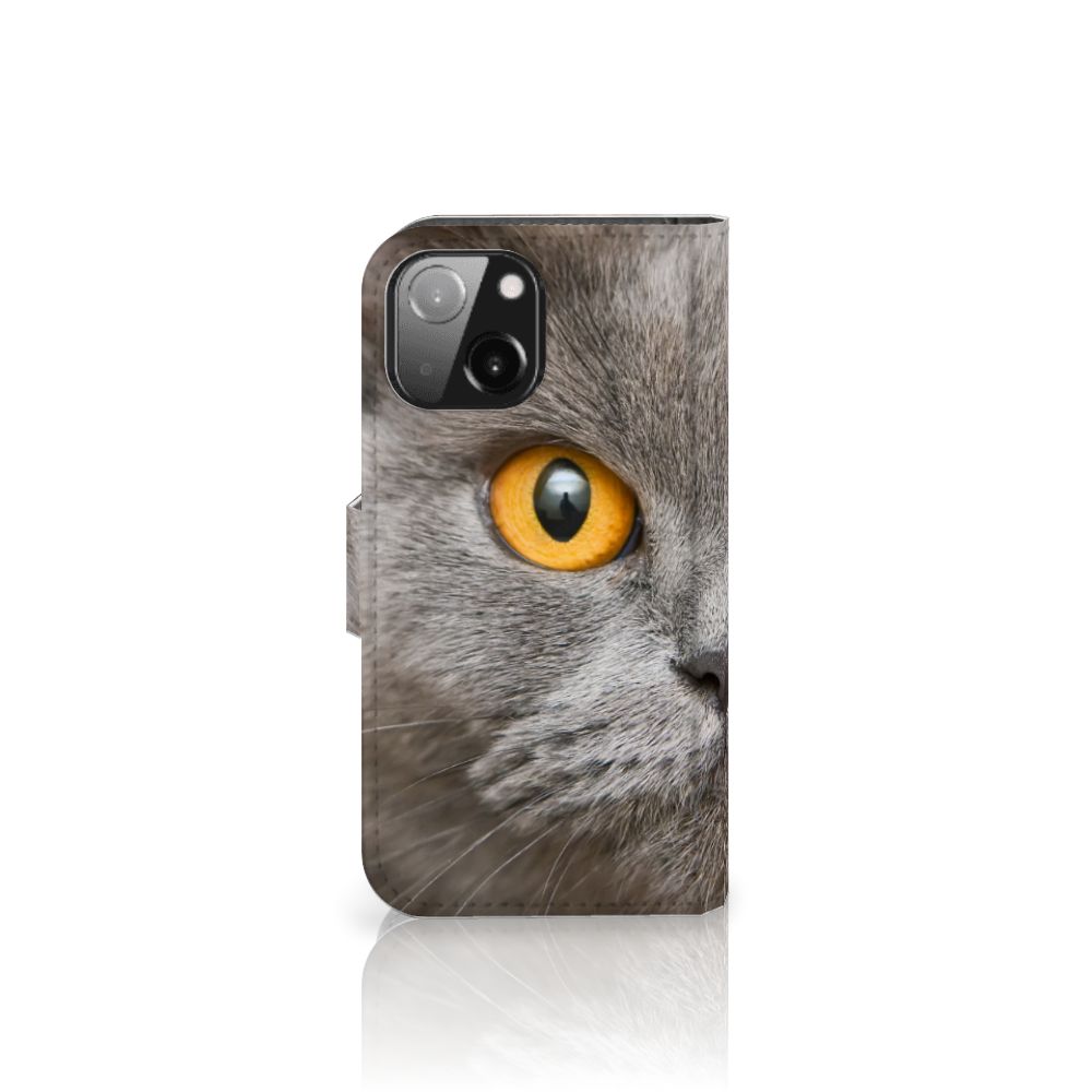 Telefoonhoesje met Pasjes iPhone 13 Mini Britse Korthaar, met afbeelding van kattenoog op de voorkant.