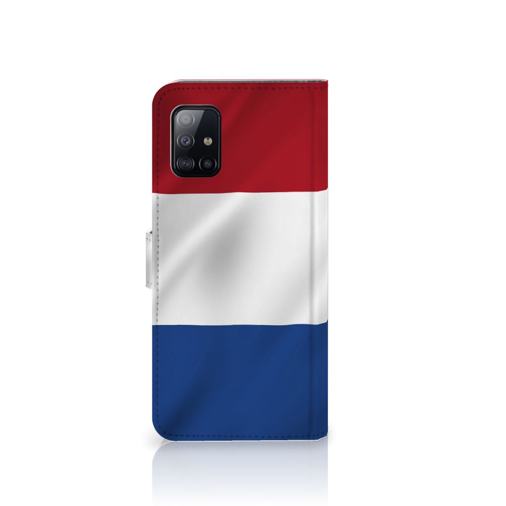 Samsung Galaxy A71 Bookstyle Case Nederlandse Vlag met artistiek ontwerp van de Nederlandse vlag.