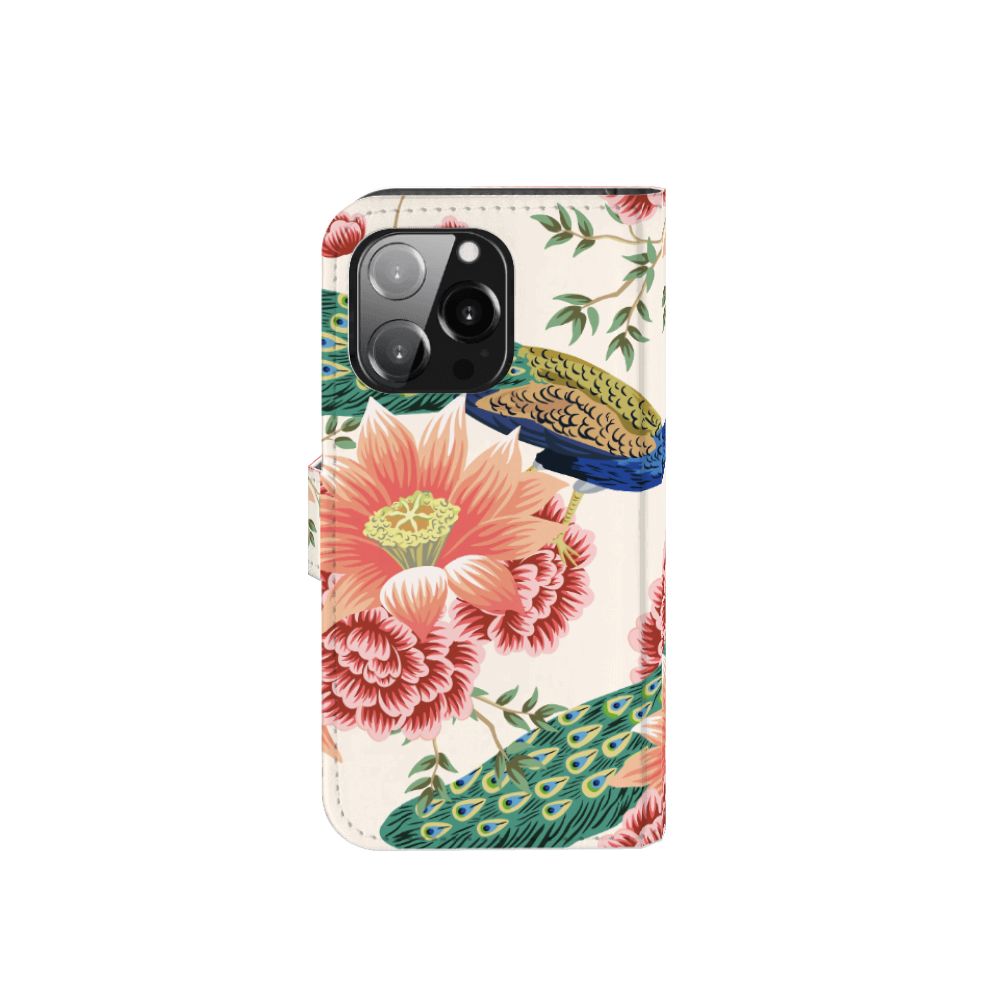Telefoonhoesje met Pasjes voor iPhone 13 Pro Pink Peacock met bloemen en pauwenprint 🎨