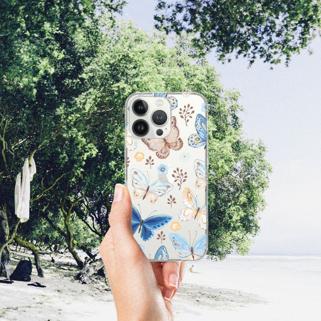 TPU Hoesje voor iPhone 13 Pro Max Vlinder, vrolijk vlinder design op een hand met een mooie achtergrond.