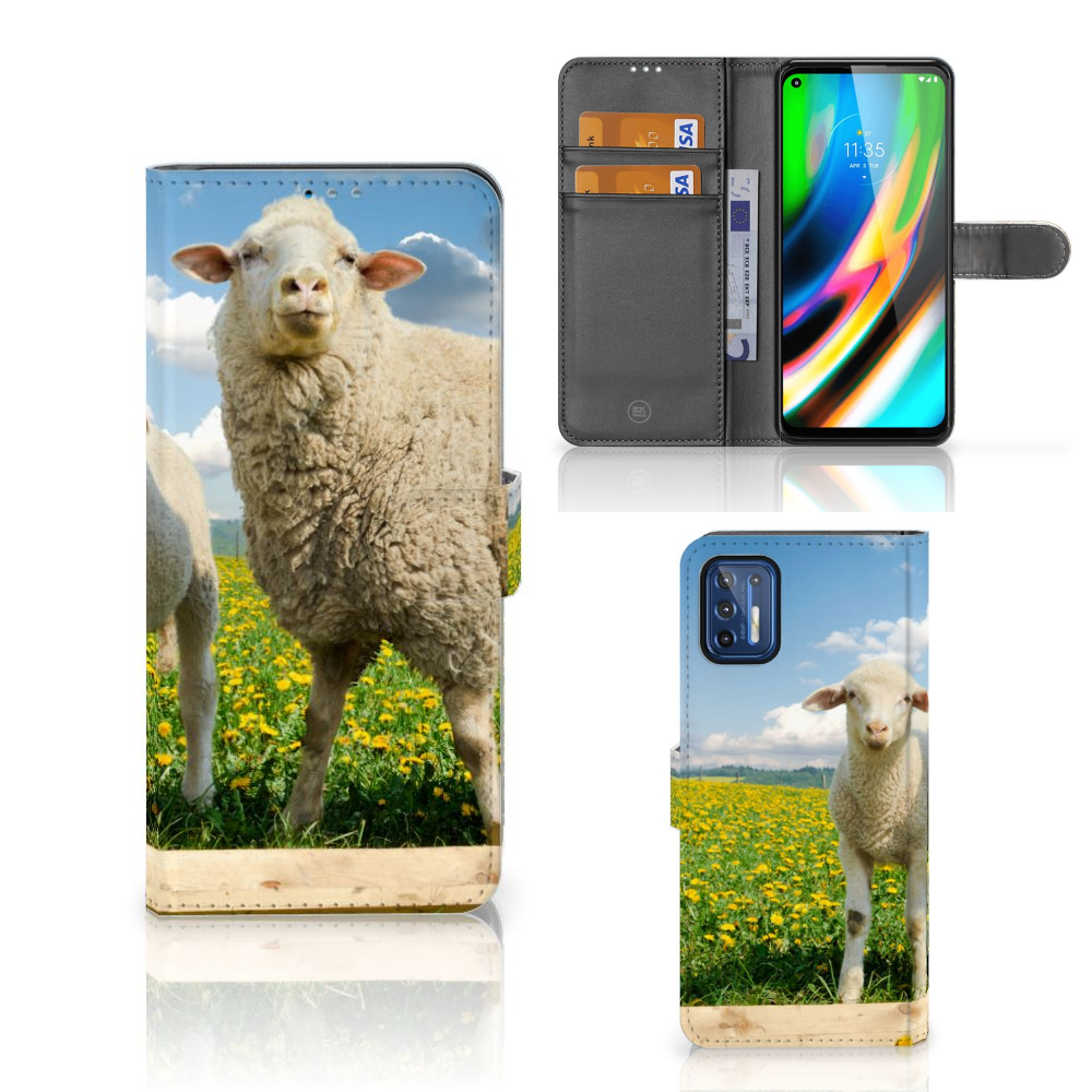 Motorola Moto G9 Plus Telefoonhoesje met Pasjes Schaap en Lammetje
