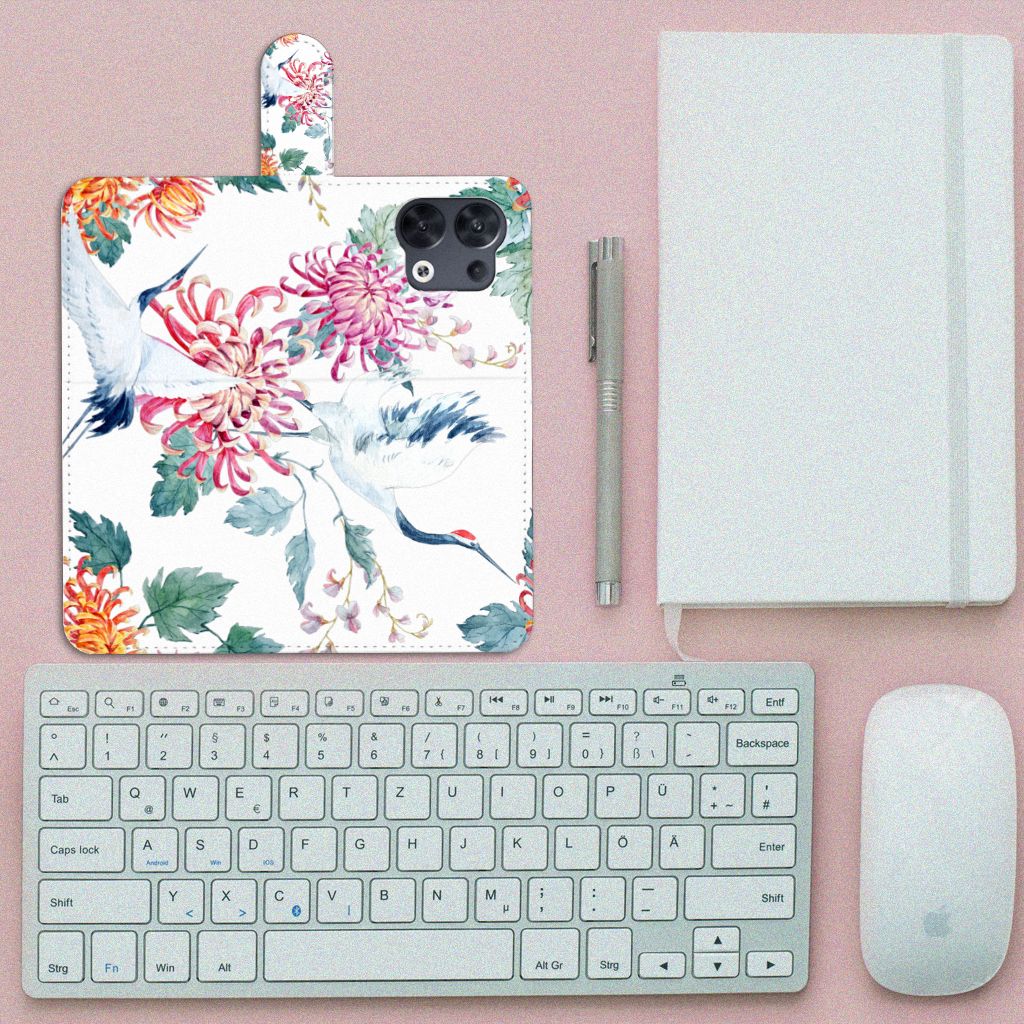 OPPO Reno8 Telefoonhoesje met Pasjes Bird Flowers