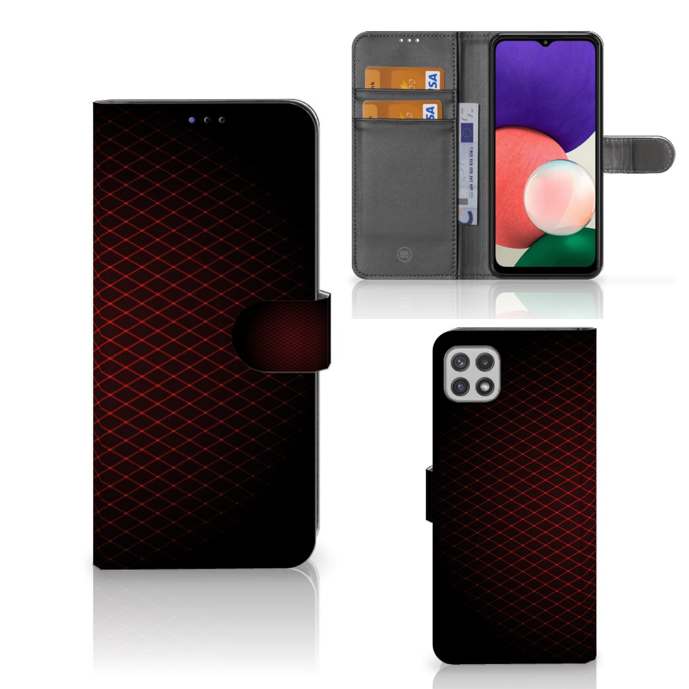 Samsung Galaxy A22 5G Telefoon Hoesje Geruit Rood met ruimte voor 3 pasjes en minimalistisch ontwerp.