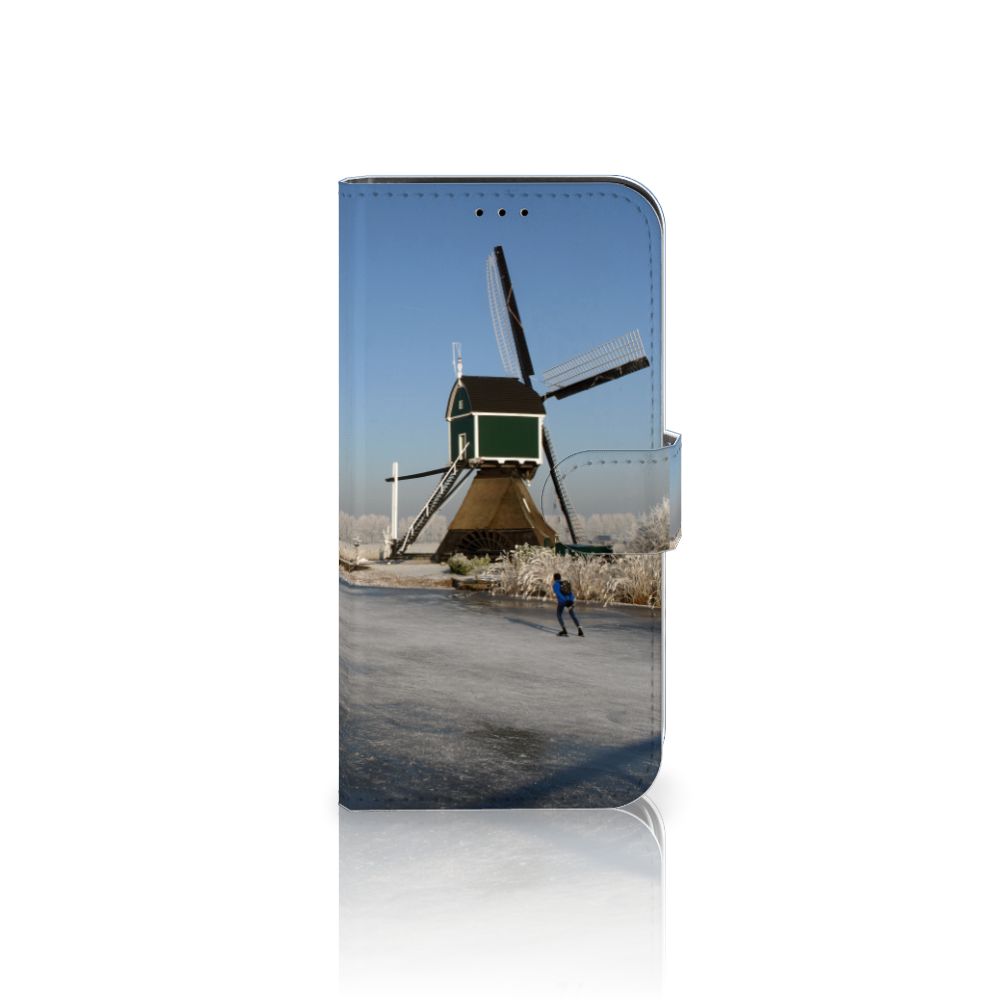 iPhone 13 Pro Flip Cover Schaatsers met molen en schaatser in typisch Nederlands winterlandschap.