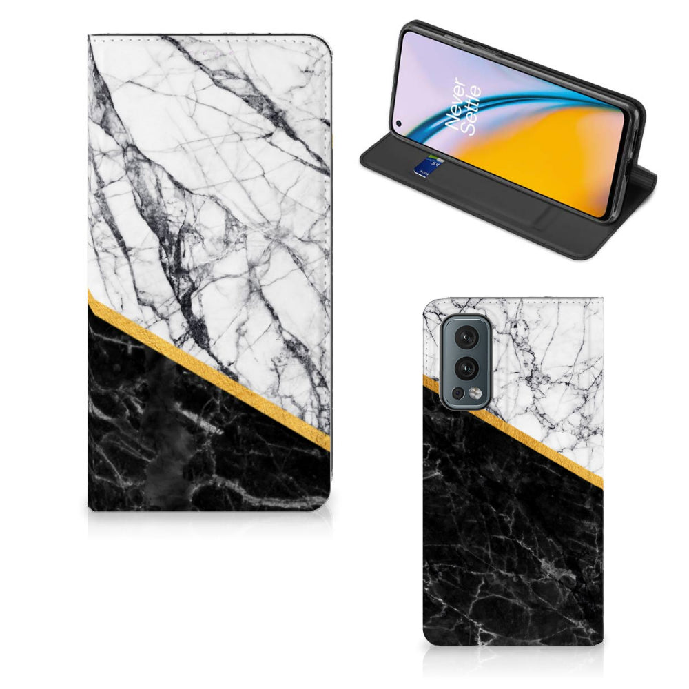 OnePlus Nord 2 5G Standcase Marmer Wit Zwart - Origineel Cadeau Man
