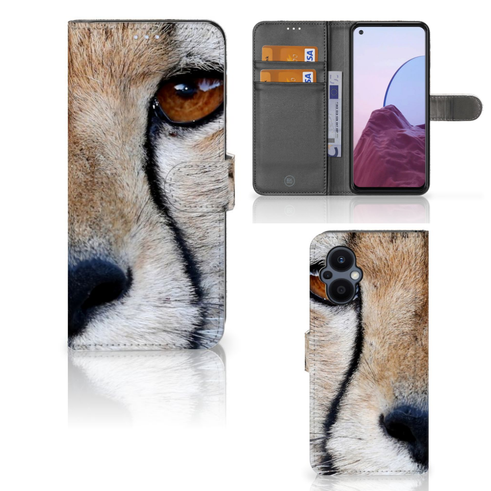 OPPO Reno 8 Lite | OnePlus Nord N20 Telefoonhoesje met Pasjes Cheetah met close-up van cheeta oog en pasjes ruimte