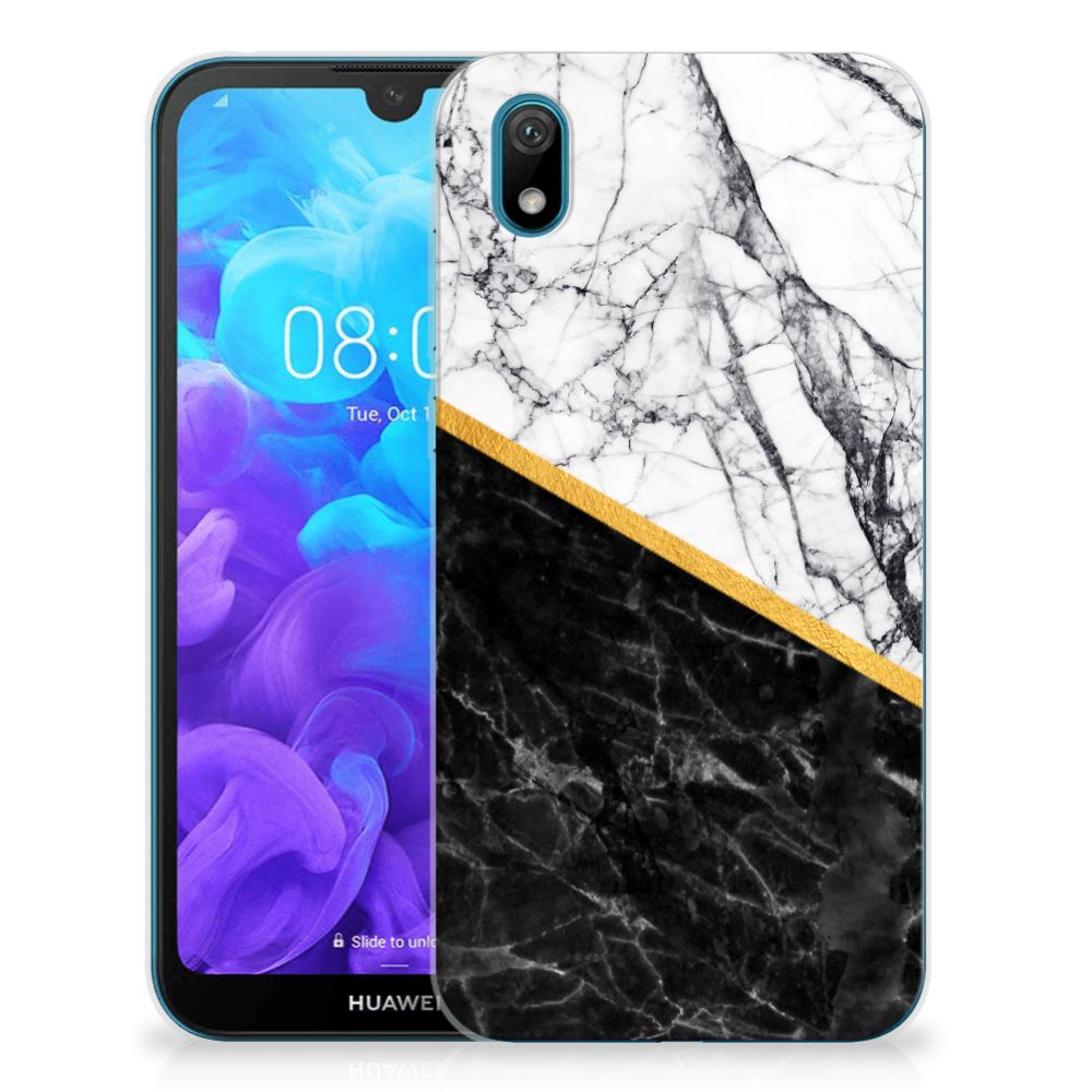 Huawei Y5 (2019) TPU Siliconen Hoesje Marmer Wit Zwart - Origineel Cadeau Man