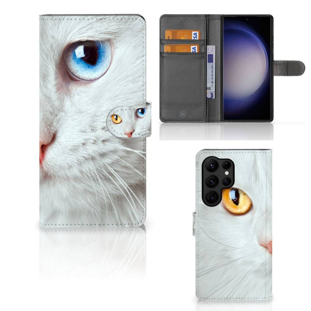 Samsung Galaxy S23 Ultra Telefoonhoesje met Pasjes Witte Kat