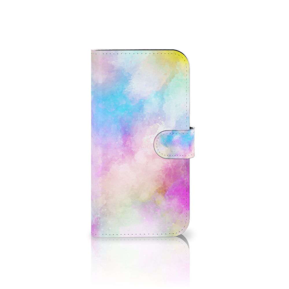 Hoesje iPhone 15 Plus Watercolor Light met kleurrijk pastelontwerp en pasjeshouder.