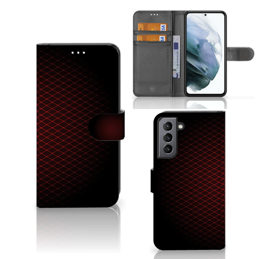 Samsung Galaxy S21 FE Telefoon Hoesje Geruit Rood met ruimte voor 3 pasjes en uniek design.