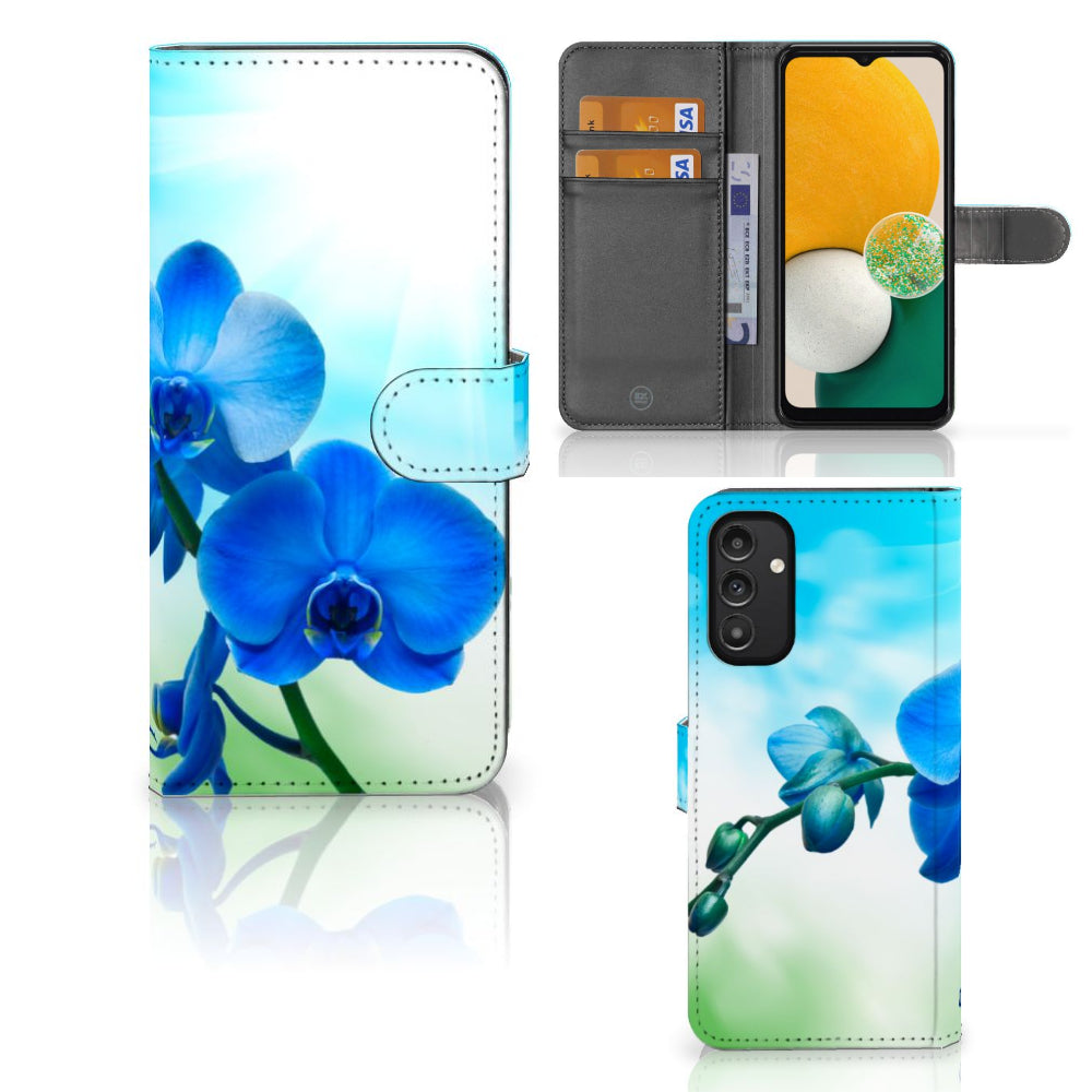 Samsung Galaxy A14 4G Hoesje Orchidee Blauw - Cadeau voor je Moeder met elegante bloemenprint en pasjesruimte.