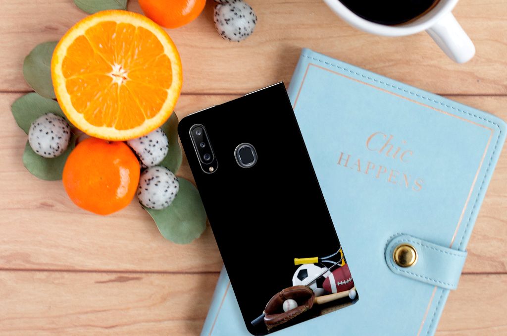 Samsung Galaxy A20s Hippe Standcase Sports design with sports equipment on a black background and vibrant fruits.