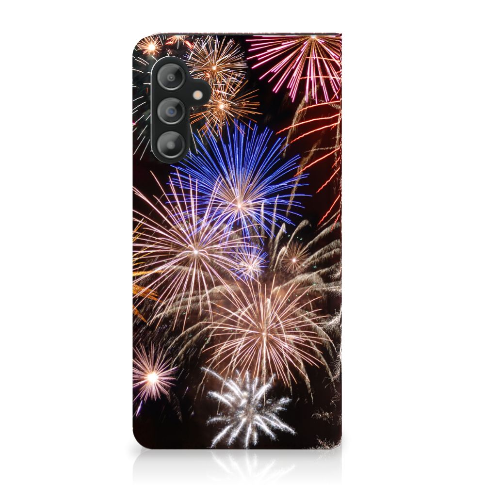 Samsung Galaxy A14 4G Hippe Standcase Vuurwerk met kleurrijke vuurwerkprint op zwarte achtergrond.
