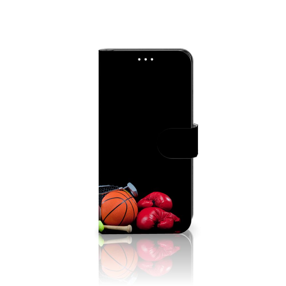 Samsung Galaxy S21 FE Wallet Case met Pasjes Sports met sportuitrusting afbeeldingen zoals basketbal en bokshandschoenen.