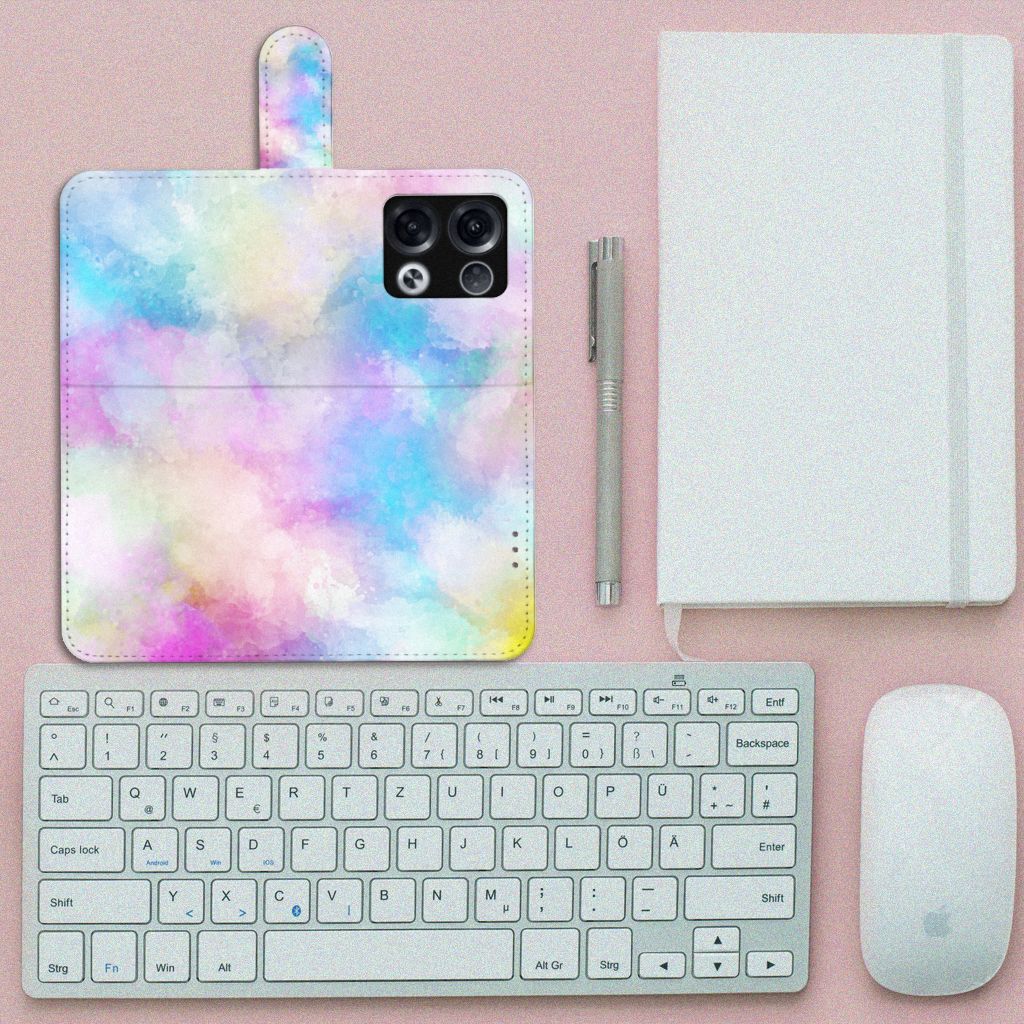 Hoesje OPPO Reno8 Pro Watercolor Light met pastelkleuren en pasjeshouder op een bureau met toetsenbord.