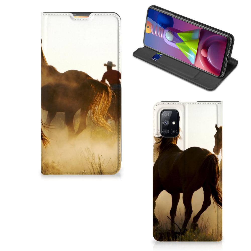 Samsung Galaxy M51 Hoesje maken Design Cowboy met paarden en cowboy in de zon achtergron.
