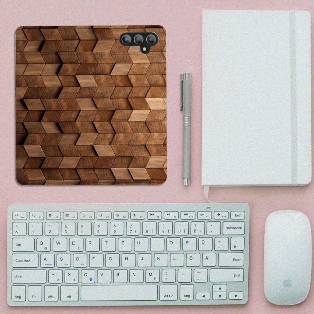 Book Wallet Case voor Samsung Galaxy A14 4G Wooden Cubes design displayed with keyboard and notebook.