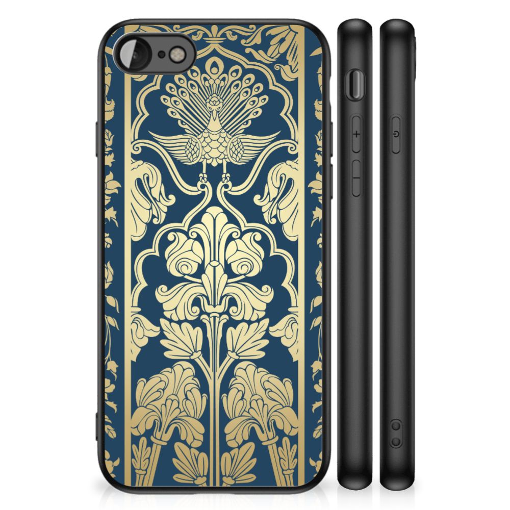iPhone SE 2022 | SE 2020 | 7/8 Bloemen Hoesje Beige Flowers met luxe floraal ontwerp in goud en blauw.