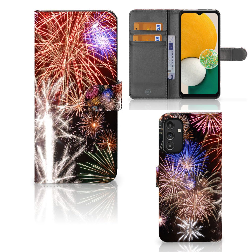 Samsung Galaxy A14 4G Wallet Case met Pasjes Vuurwerk met kleurrijke vuurwerkprint en hoestjes binnenkant