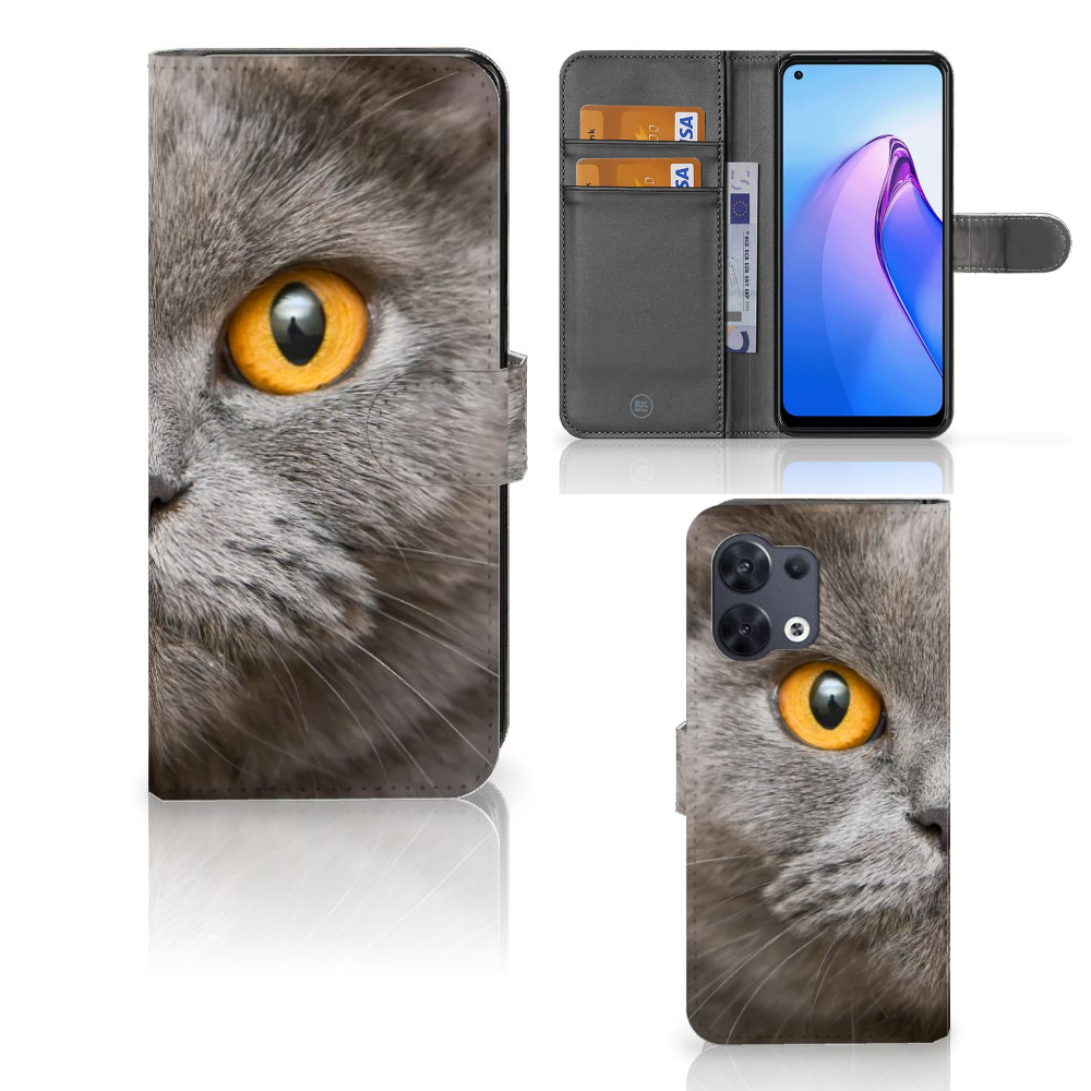 Telefoonhoesje met Pasjes OPPO Reno8 Britse Korthaar met afbeelding van kat met gele ogen