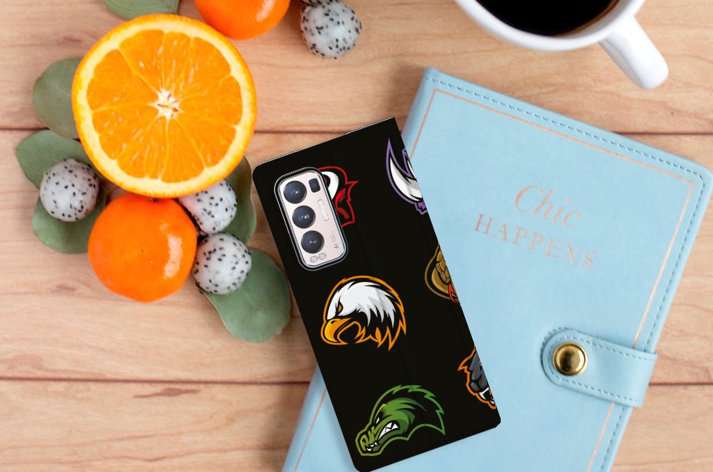 OPPO Find X3 Neo Magnet Case Cartoon met diverse cartoons op een stijlvolle achtergrond met fruit.