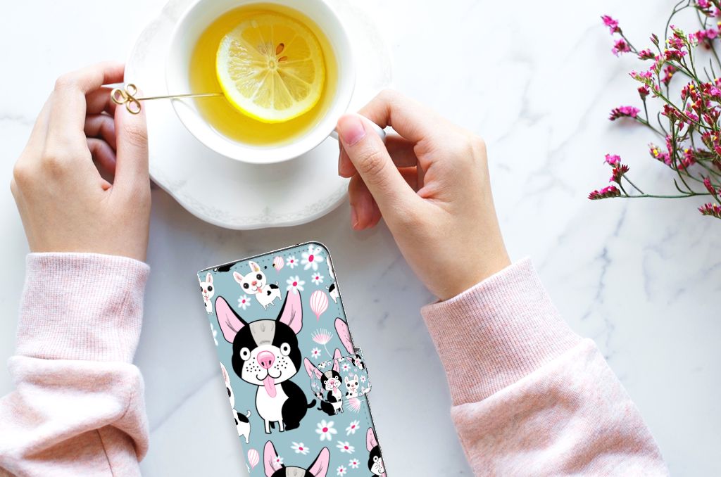 Samsung Galaxy A14 5G Telefoonhoesje met Pasjes Hondjes met schattige cartoon honden en een kopje thee.